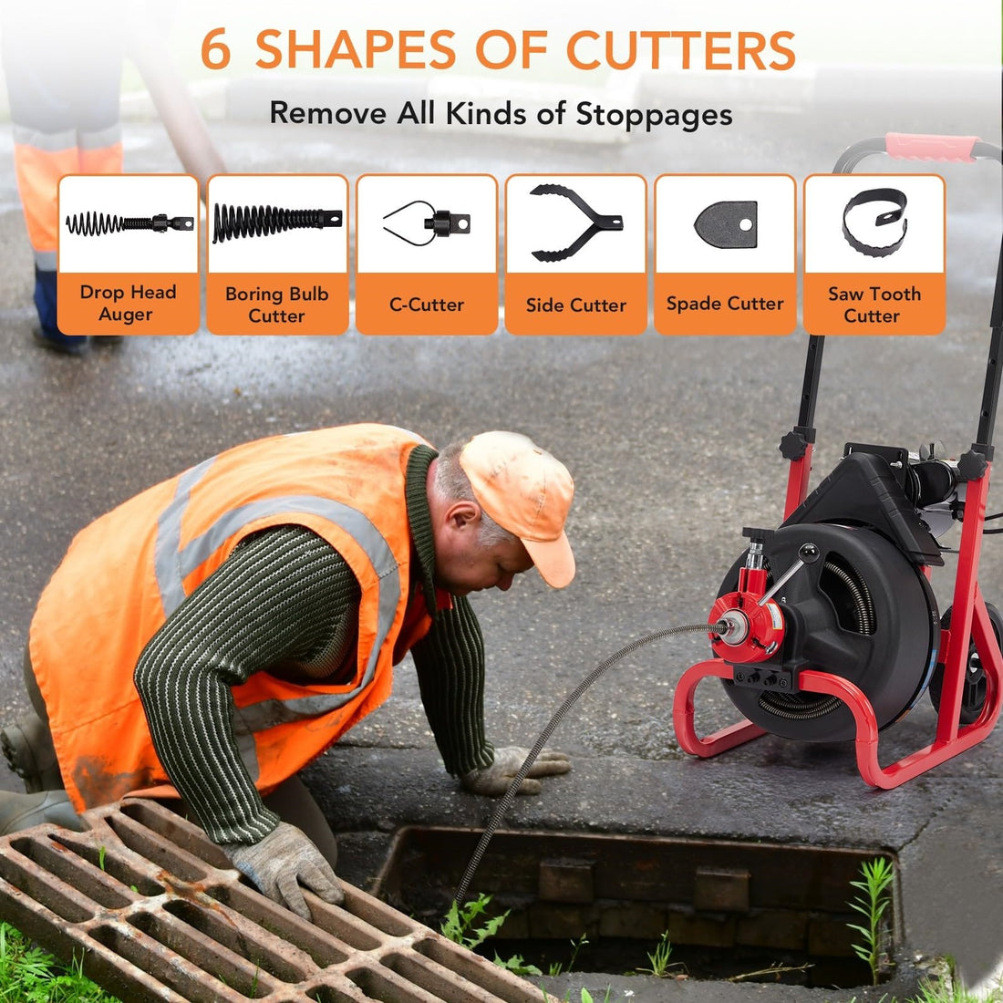 Garvee 75Ft x 1/2 Inch Drain Cleaner Machine - Auto-Feed Electric Drain Auger for 2 to 4 Inch Pipes, Includes 6 Cutters, Gloves, and Sewer Snake