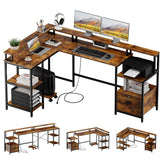 Garvee L Shaped Desk 76" Reversible with File Drawer, Power Outlet, Monitor Shelf, MDF, Metal Frame, Home Office, Vintage Brown - Brown