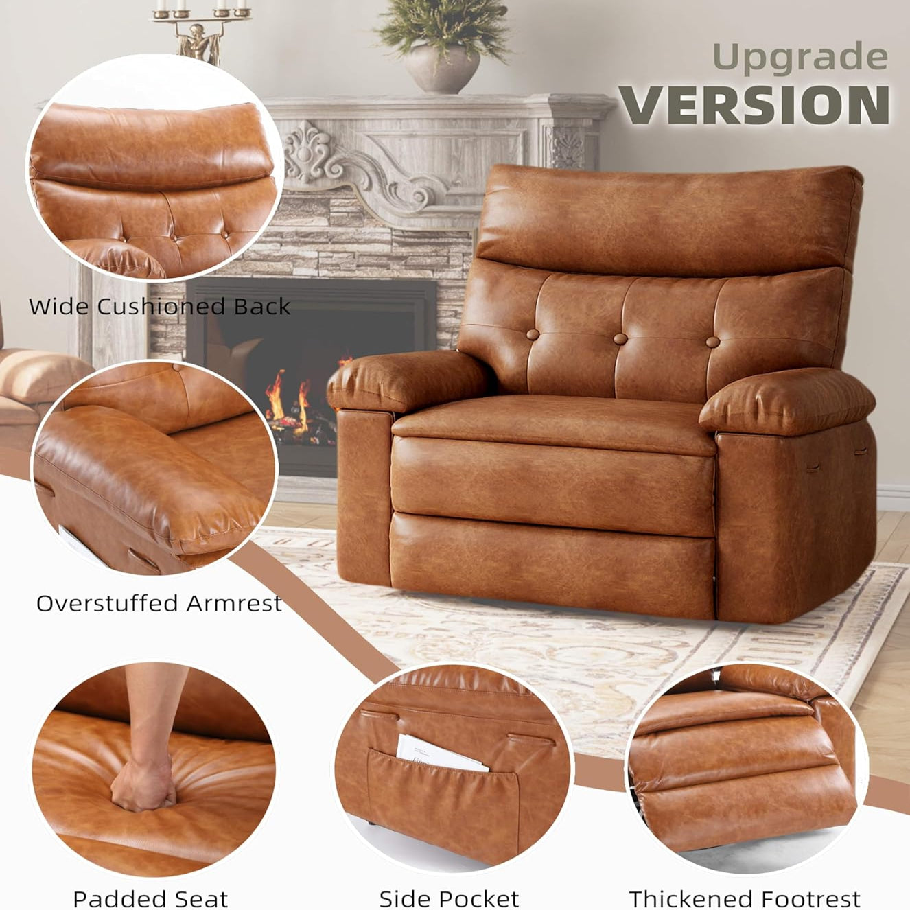 Garvee Recliner Chair for Adults, PU Leather Manual Recliner with Side Pocket, Lazy Chair with 1.5X Sponge Comfort Arm and Back for Living Room, Bedroom, Brown