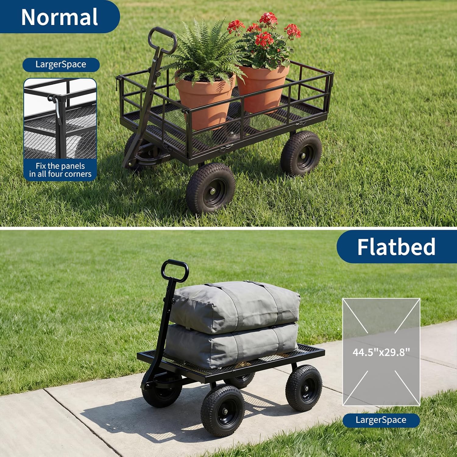 Garvee ﻿ Heavy Duty Steel Garden Cart, 1200 LBS Load Capacity Garden Wagon with 10 inch Tire and 180° Rotating Handle Attach to ATV or Tractor Blac