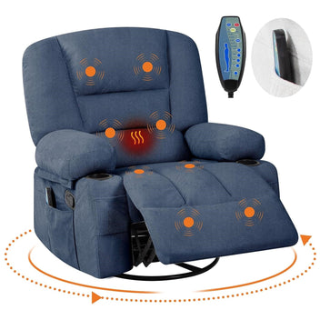 Garvee 360° Swivel Rocker Chair with Cup Holders & Side Pocket, Wide Recliner Chair with Heat and Vibration Massage, Chenille Fabric Manual Recliner Lazy Boy Chair for Adults, Blue