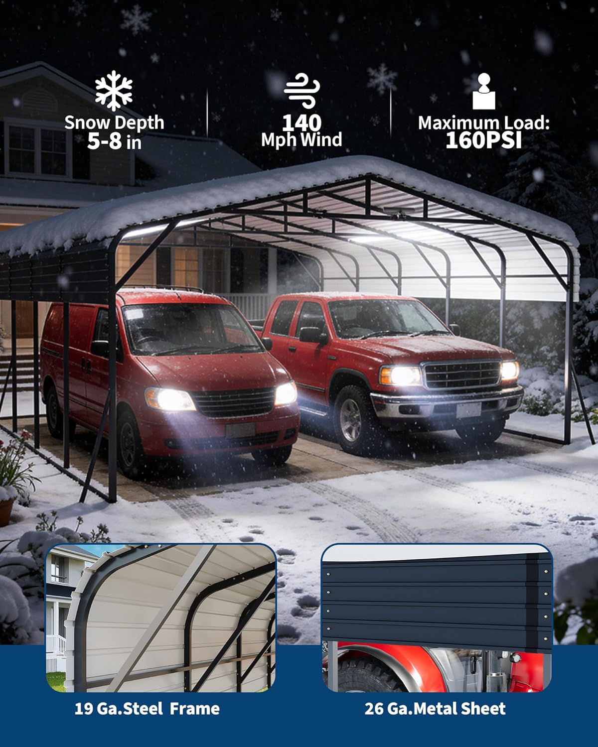 Garvee 20x25FT Heavy Duty Metal Carport,Outdoor Portable Car Garage with Led Light,Removable PE SideReinforced Base & Galvanized Steel Roof, Outdoor Car Port Canopy Shelter for Boats, Full-Sized Pickup Trucks
