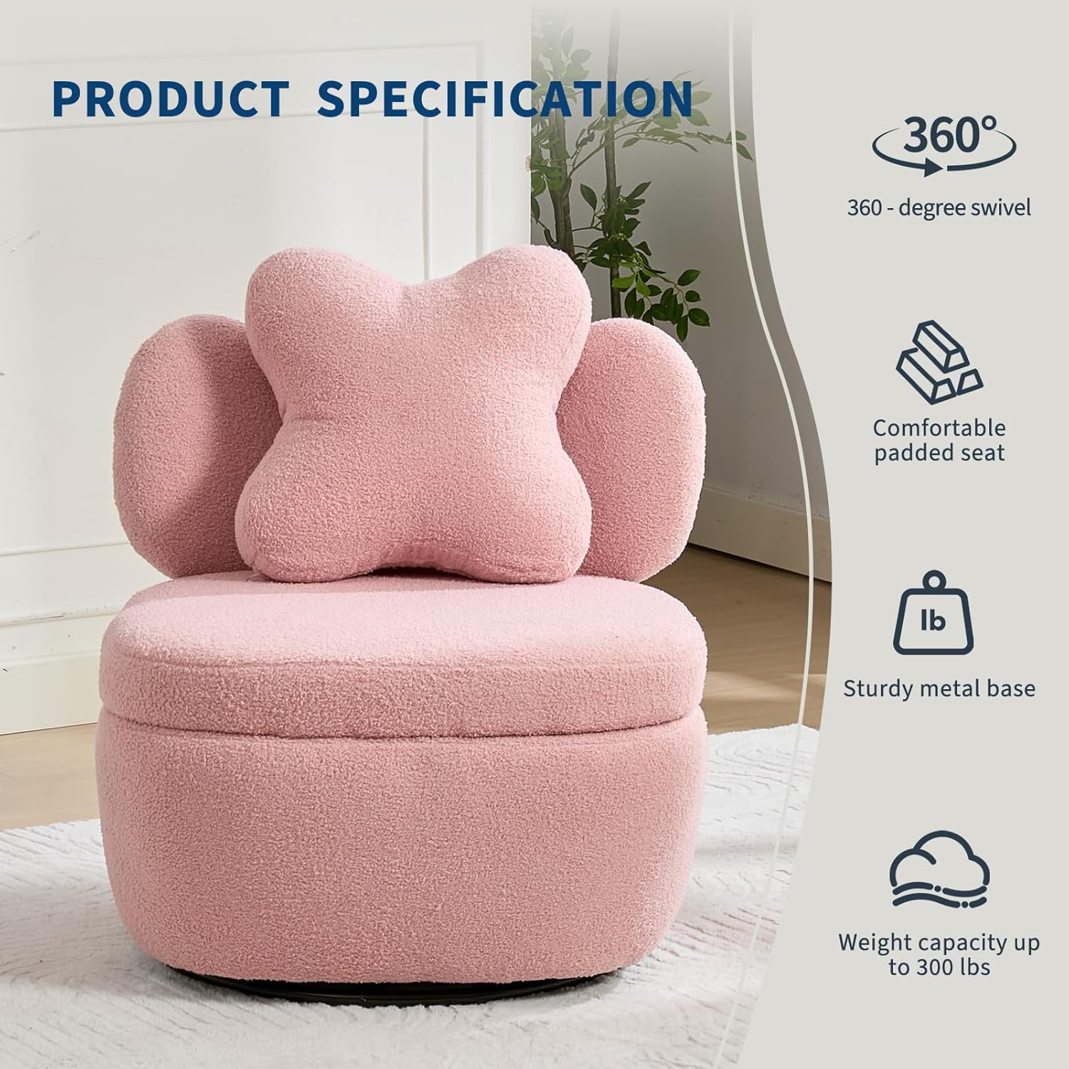 Garvee 360° Swivel Armchair with Storage, Teddy Velvet Accent Chair with Pillow, Ergonomic Design, 300 Lbs Capacity, Easy Assembly, Modern Lounge Chair for Living Room, Bedroom & Office, Pink