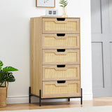 Garvee Rattan Dresser 5-Drawer Tall Chest Oak Color + Multifunctional Storage + Large Capacity + Natural Rattan + Smooth Metal Slides + Anti-Tip Device + Easy Assembly + Bedroom Living Room - Oak