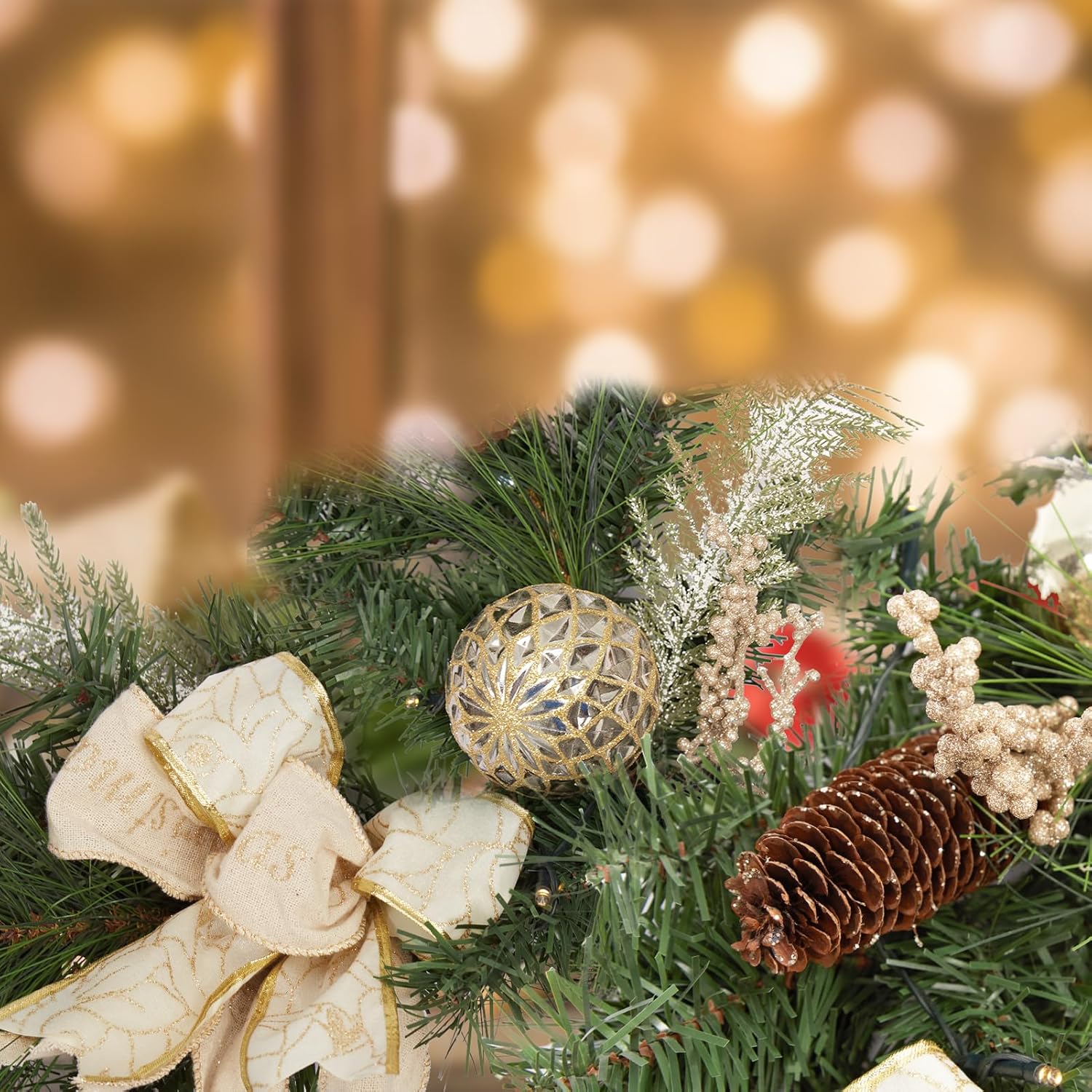 Garvee Christmas Garland with 20 Led Lights, 6 Ft Pre-Lit Gold Xmas Garland with Faux Antlers Bow-Knot Ball Ornaments, Battery Operated Garland with Timer for Mantle Staircase Table Decoration
