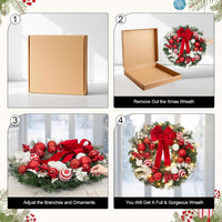 Garvee Pre-Lit Christmas Wreath for Front Door, 24 Inch Large Lighted Wreath with Xmas Balls, Red Bow & Berries, Battery Operated Christmas Wreath for Fireplace Window Wall Xmas Decoration, Red