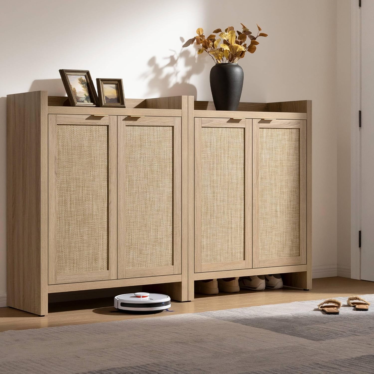 Garvee Boho 32" Rattan Shoe Storage Cabinet with 2 Doors and Adjustable Shelves for Entryway, Hallway, Living Room and Bedroom, Light Oak