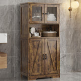 Garvee Farmhouse Freestanding Bathroom Storage Cabinet with Glass Doors and Adjustable Shelves, Brown - Brown