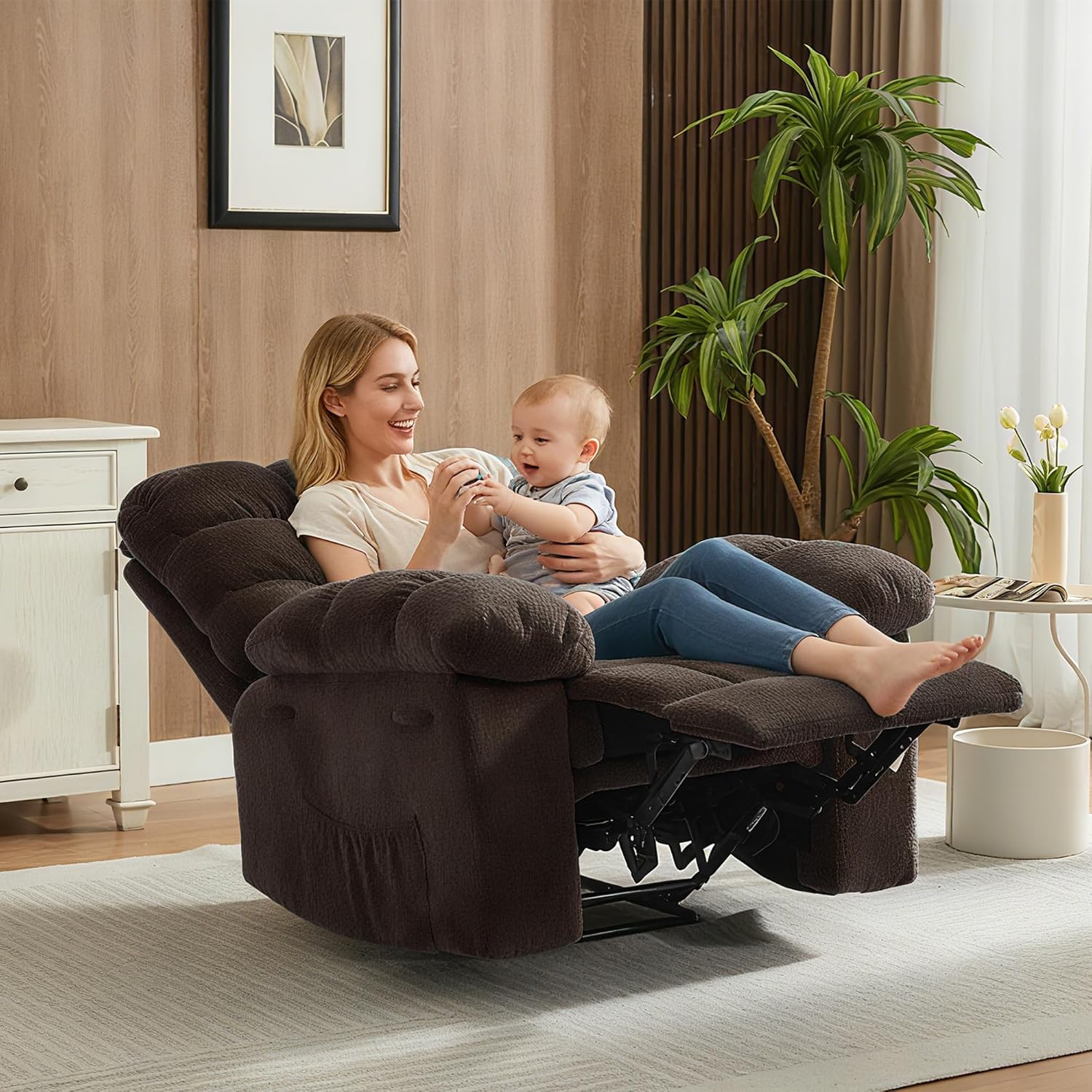 Garvee Manual Recliner Chair for Living Room, Overstuffed Fabric Reclining Sofa with Side Pockets, Ergonomic Upholstered Lazy Chair with Q235 Steel Frame for Adults (Brown)
