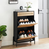 Garvee Natural Rattan Shoe Rack Storage Cabinet + Large Capacity + Adjustable Shelves + Solid Wood + Metal Support Feet + Entryway, Hallway - Black