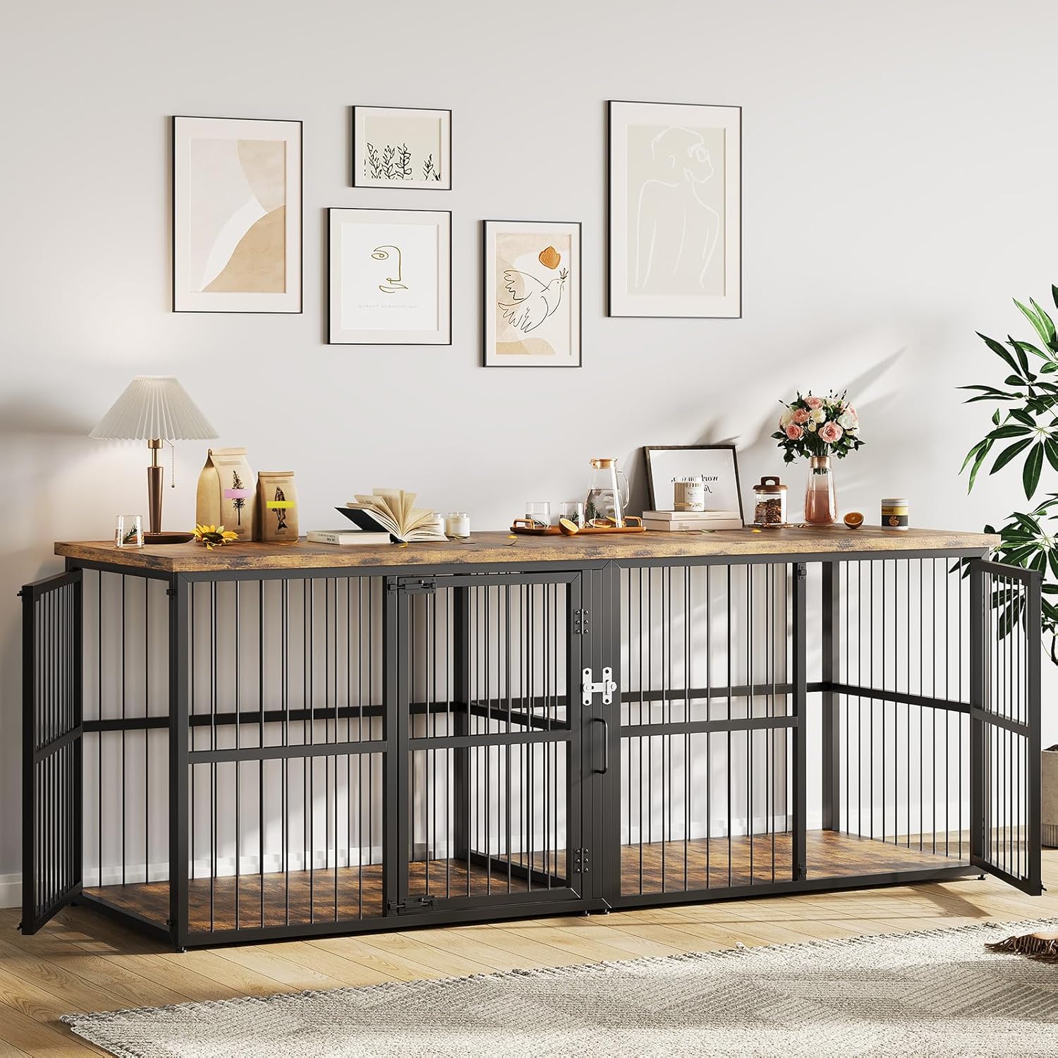 Garvee 87 in Extra Large Double Dog Crate Furniture with Divider, Heavy Duty Kennel with 3 Lockable Doors, Wooden Indoor Pet House TV Stand for 2 Small Medium Large Dogs, Black+Brown Tabletop