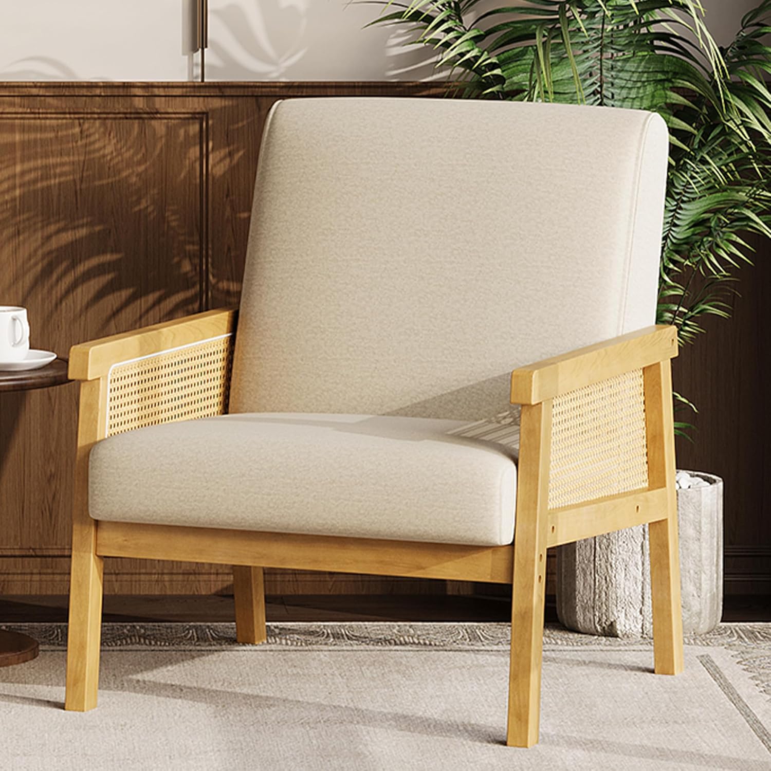 Garvee Mid Century Modern Accent Chair, Linen-Look Fabric Living Room Chair with Sturdy Wood Legs, Thickened Seat Cushion and PE Rattan Woven Decoration, Armchair for Bedroom, Reading Room, Ivory
