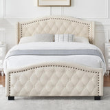 Garvee Queen Size Upholstered Platform Bed Frame with Tall Headboard, Luxurious Velvet Button Tufted and Nailhead Trim Wingback, Arched Footboard, No Box Spring Needed, Beige - off white