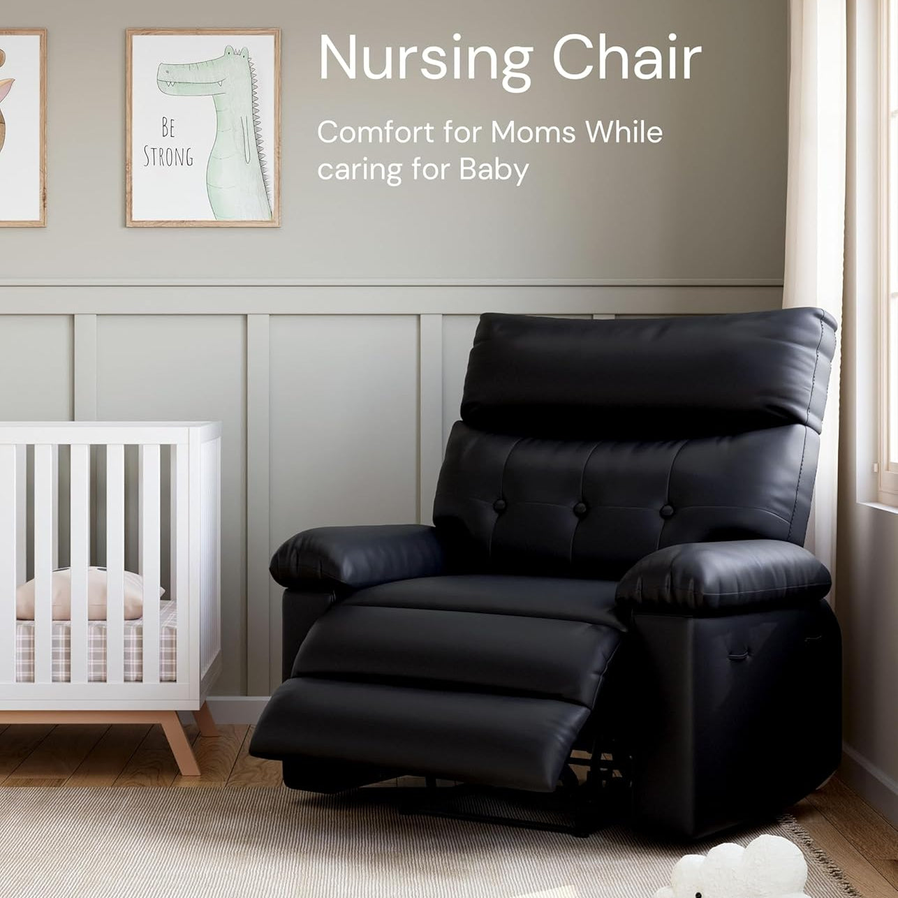 Garvee Extra Wide Comfort Recliner Chair for Adults - Oversized Black Leather Manual Sofa - 1.5X Thick Sponge Cushions, Comfortable Armchair - Living Room, Bedroom, Nursing Room - Black