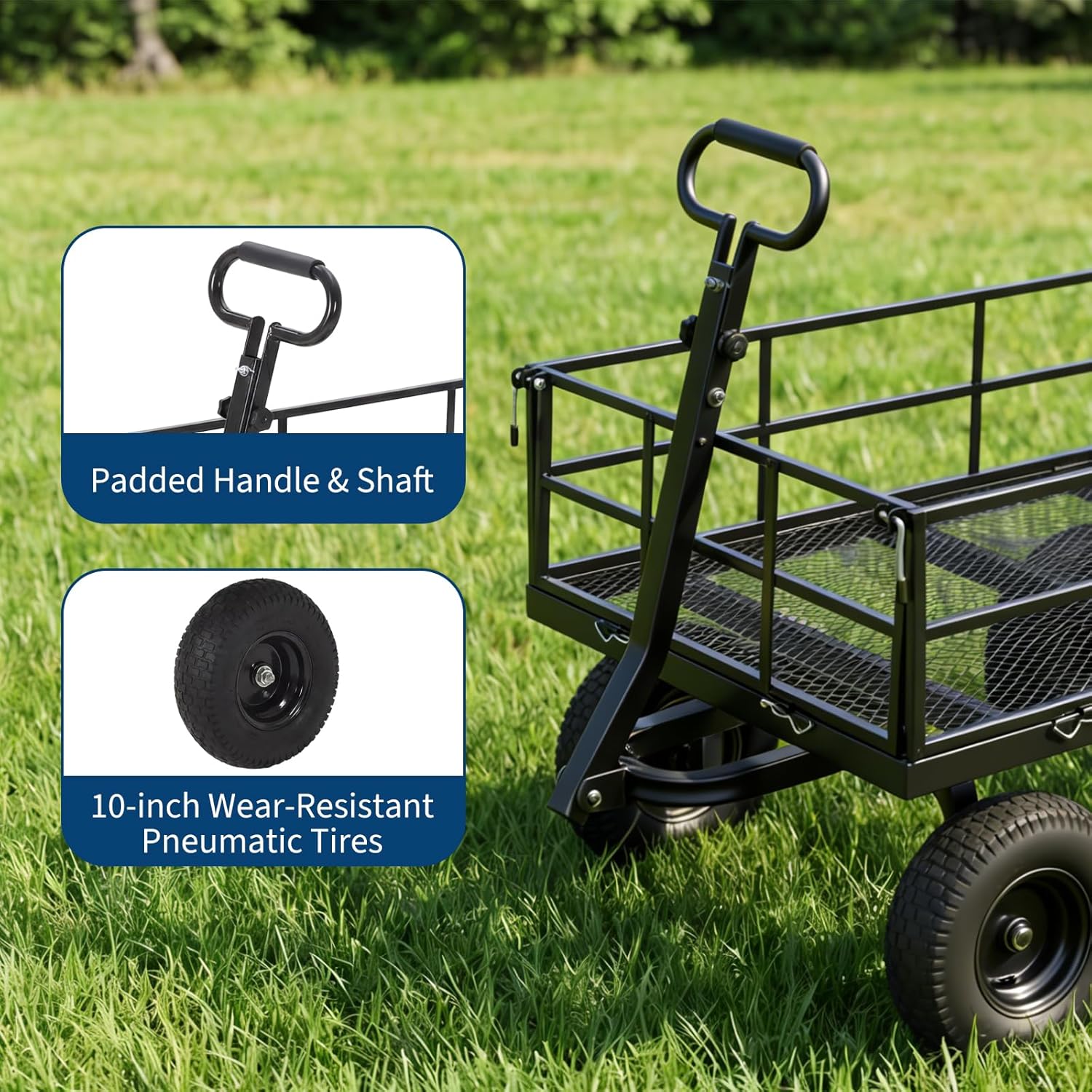 Garvee ﻿ Heavy Duty Steel Garden Cart, 1200 LBS Load Capacity Garden Wagon with 10 inch Tire and 180° Rotating Handle Attach to ATV or Tractor Blac