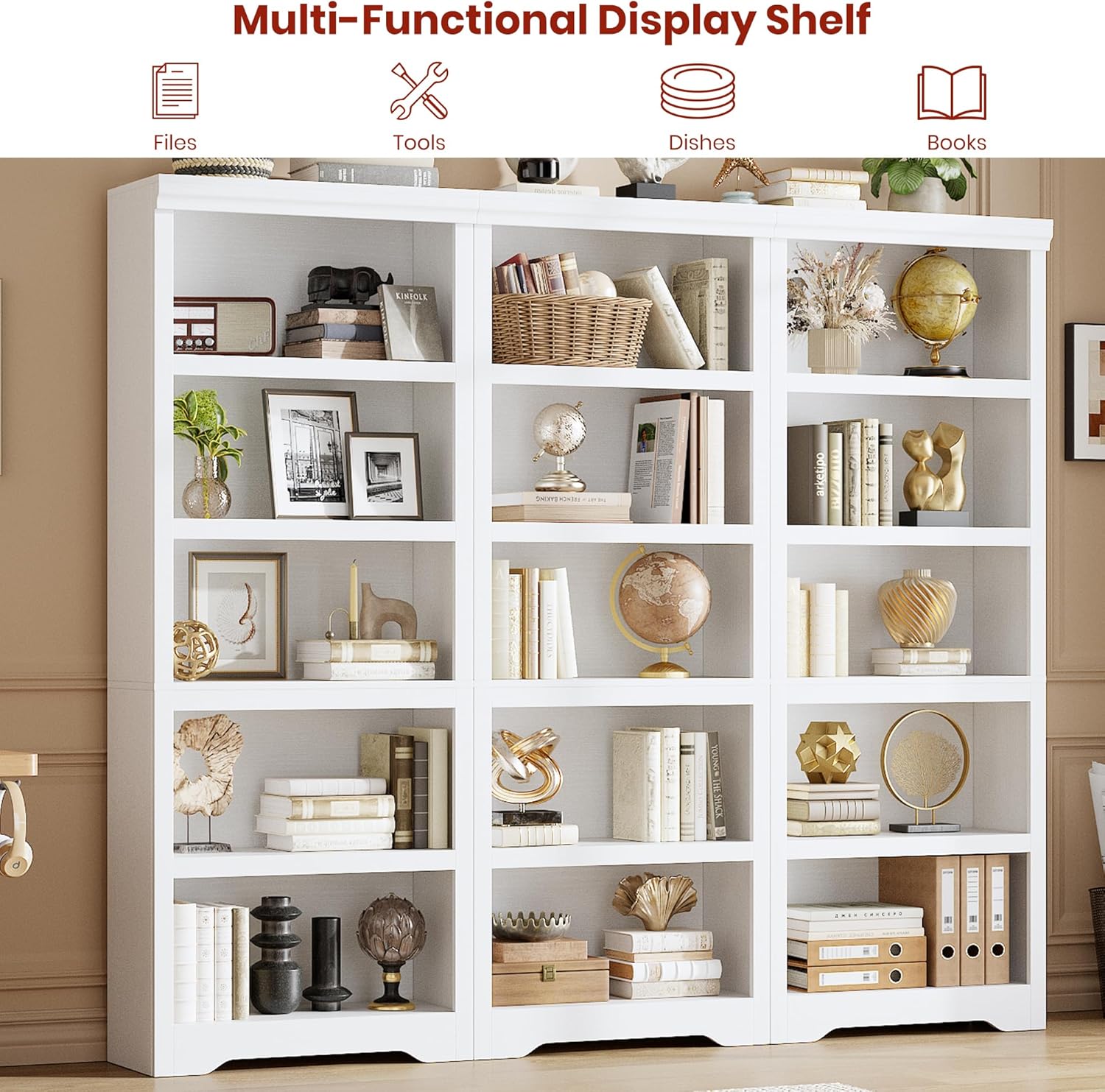 Garvee 5 Tier Bookshelf, 69" Tall Farmhouse Bookcase with Adjustable Shelves, 23.6" W Floor Standing Open Display Storage Rack with Anti-Slip Design for Home Office, Balcony, Library, Study / Living Room, White
