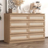 Garvee 8 Drawer Double Dresser - Modern Rattan Chest, Wooden Frame, Ample Storage, Anti-Dumping Device, Bedroom, Living Room, Entryway - Original Oak