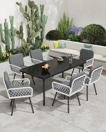 Garvee Patio Dining Chairs Set of 2 With Black Metal Frame & White Hand-Woven Rattan, Porch Armchairs With Cushion for Indoor, Garden, Balcony, Deck, Backyard
