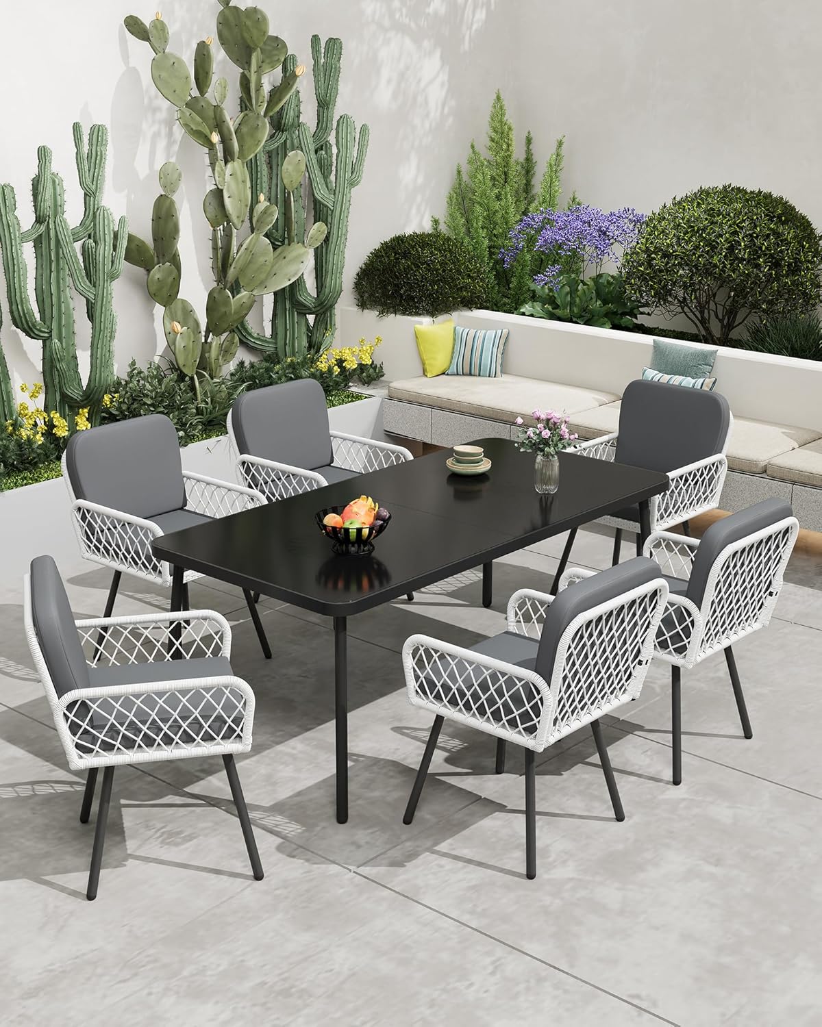 Garvee Patio Dining Chairs Set of 2 With Black Metal Frame & White Hand-Woven Rattan, Porch Armchairs With Cushion for Indoor, Garden, Balcony, Deck, Backyard