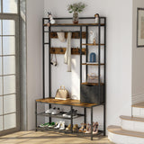 Garvee Entryway Hall Tree with Storage Bench, 5-In-1 Design, 12 Hooks, MDF & Steel, Shoe Storage, Wall-Mounted, 300lb Capacity - Rustic Brown