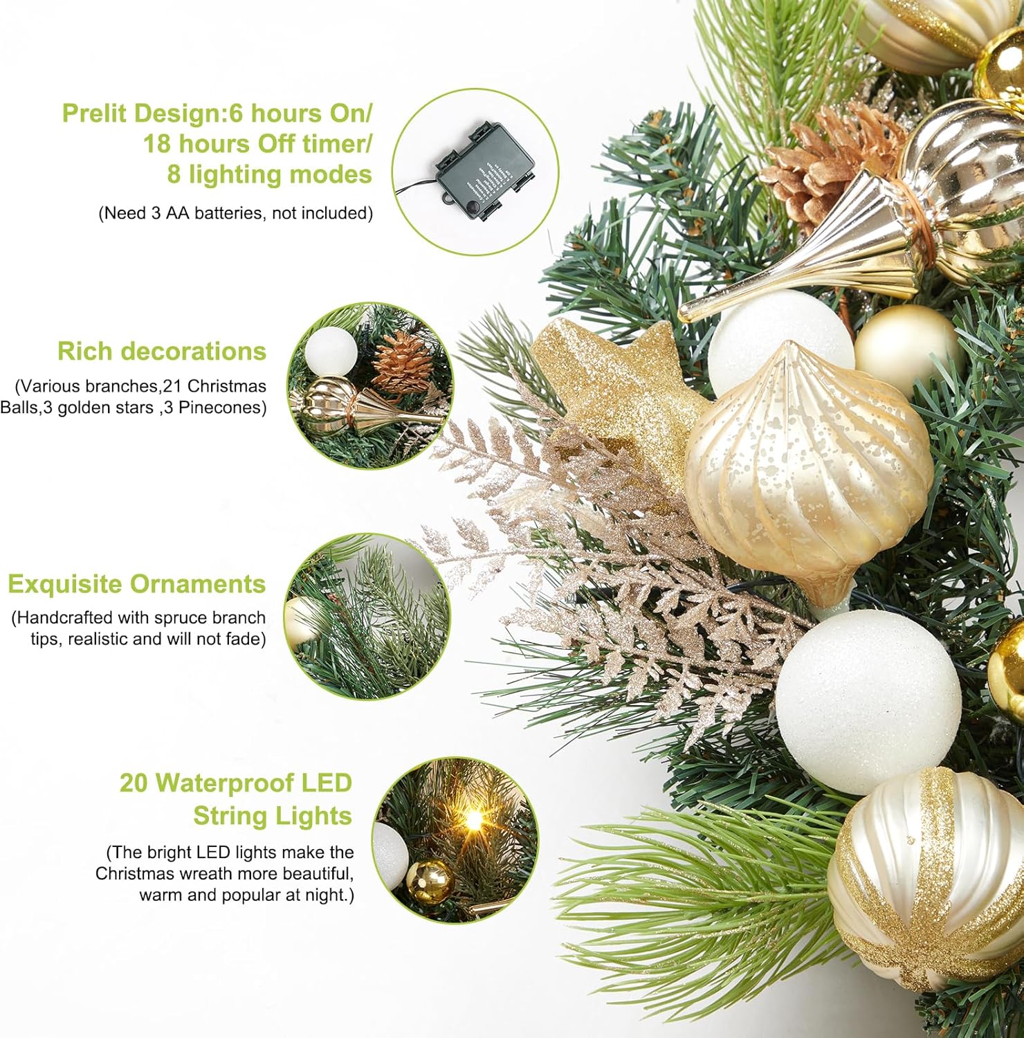 Garvee Christmas Wreath for Front Door, 24 Inch Outdoor Christmas Wreath, Battery Operated Xmas Wreath with Gold White Ball Ornaments Pine Cones and 20 LED Lights for Home Holiday Decor