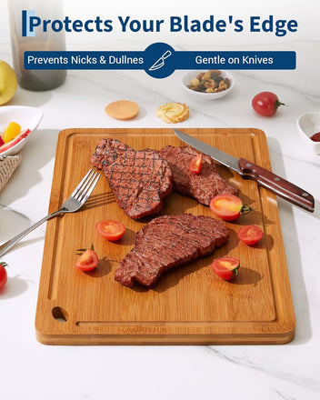 Garvee 3-Piece Deep Carbonized Bamboo Cutting Board Set with Holder – Multi-Size Wooden Chopping Boards for Kitchen, Durable Butcher Block with Deep Juice Grooves & Built-in Handles, For Meat, Vegetables, Fruits, meat and cheese board board (15x10, 12x8,