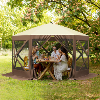Garvee 12x12ft Camping Gazebo, Portable Pop Up Canopy Outdoor Screen Tent 6 Sided with Mesh Windows and Carry Bag for Camping, Picnic, Backyard Party Outside Activities, Brown