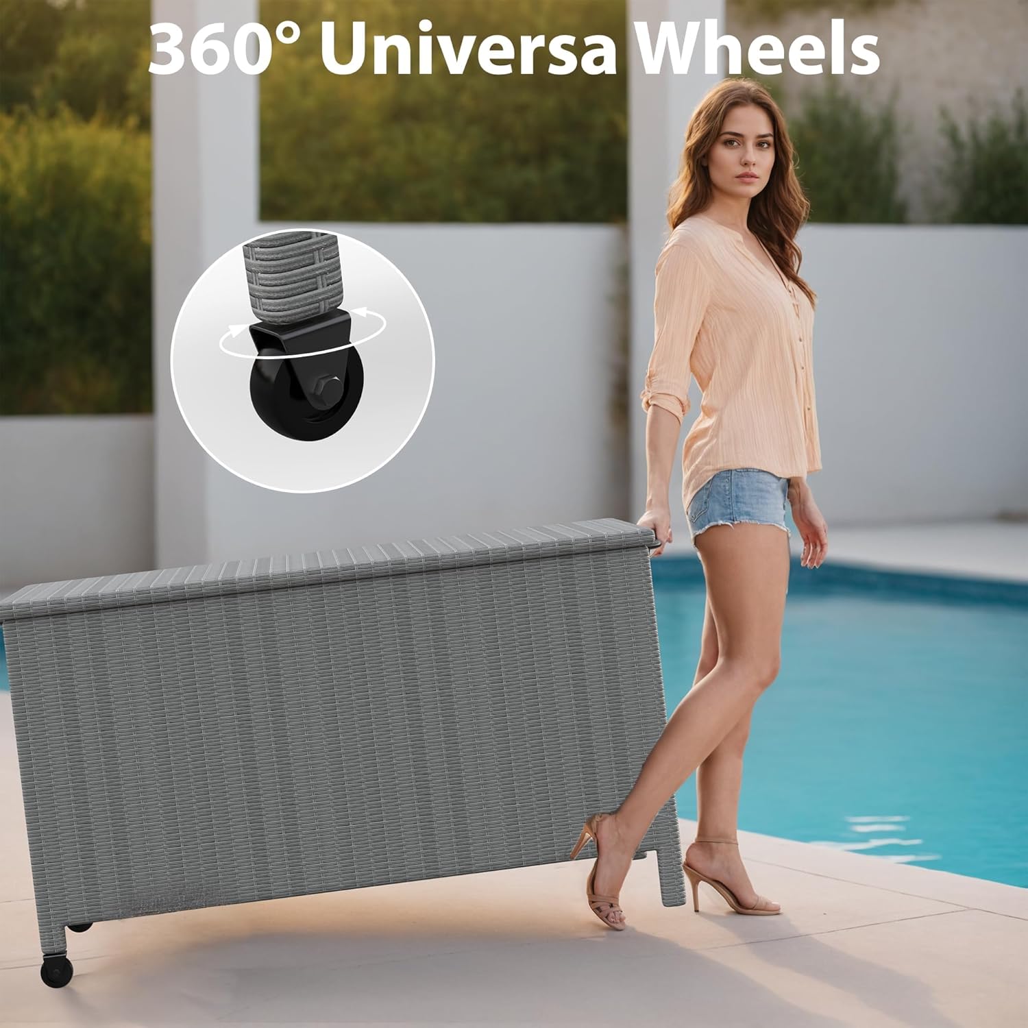 Garvee 150 Gallon Rattan Deck Box with Wheels, Built-In Handles Patio Storage Box for Storage With Wheels, Rattan Waterproof Outdoor Bins for Cushions, Patio Furniture, Garden Tools