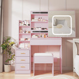 Garvee Vanity Desk with LED Mirror, Sliding Mirror, Charging Station, 4 Drawers, Shelves, Cushioned Stool, Pink for Bedroom - pink