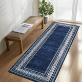 Garvee Navy Blue Washable Bordered Runner Rug 2' × 6', Non Slip Low Pile Stain Resistant Rug for Kitchen, Hallway, Entryway, Laundry Room - Navy Blue
