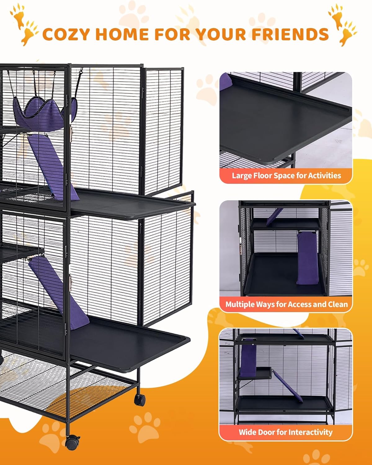 Garvee Metal Cat Cage 64 Inch Tall Multi-Level Ferret Cage for Small Animals Indoor Outdoor Playpen with Hammock Detachable Metal Wire Kennel for Cats Chinchilla Rabbit Guinea Pigs