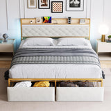 Garvee King Bed Frame with Storage Headboard and 2 Drawers LED Lights Metal Platform Bed Frame with USB Ports&Outlets, Noise Free, No Box Spring Needed, White - Gold + Off White