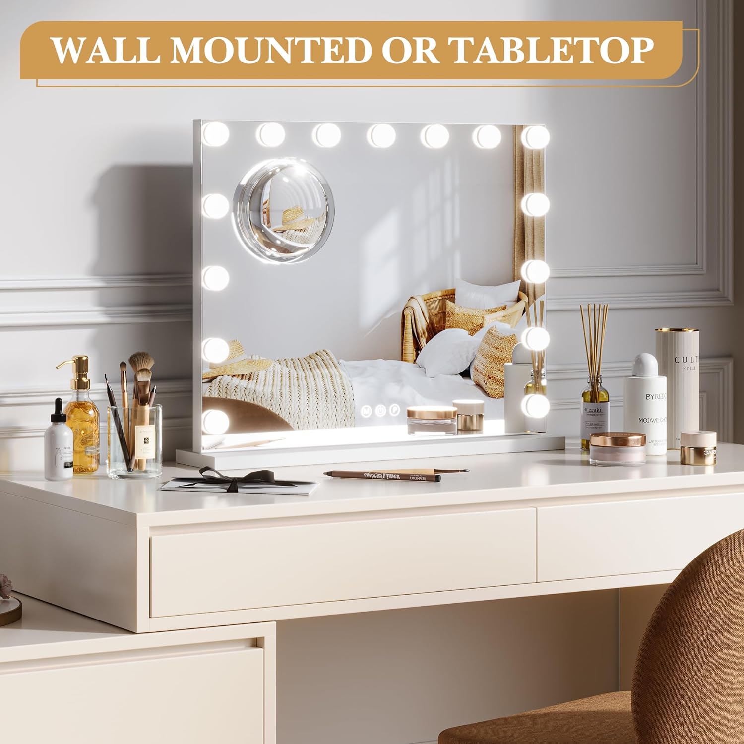 Garvee Vanity Mirror with Lights, Tabletop Lighted Mirror with 15 Dimmable LED Bulbs, Makeup Mirror with 3X Magnification, 3 Colors Modes,Touch Control, USB Charging Port, 23”x18”, White