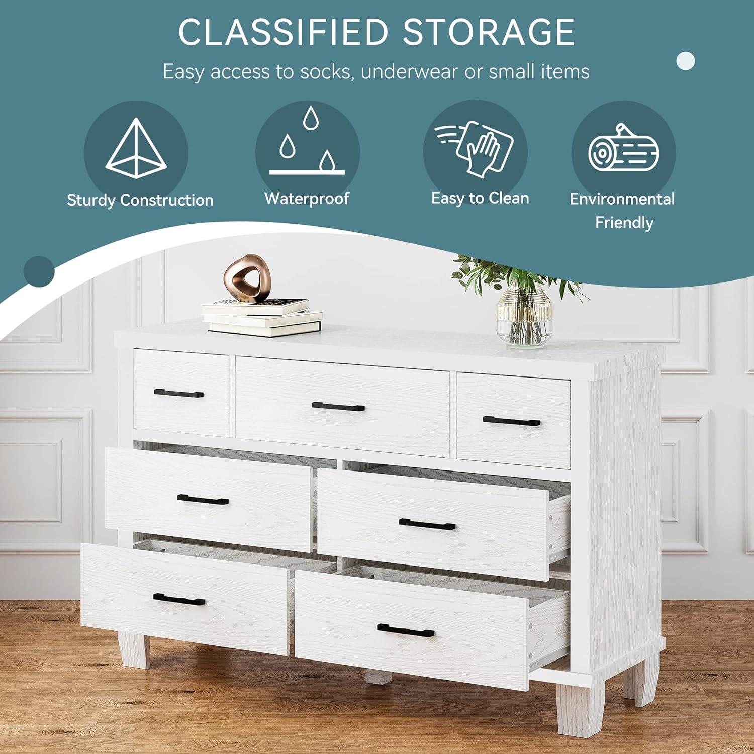 Garvee 7-Drawer White Dresser with Metal Handles + Large Storage Capacity + Wood Construction + Anti-Tip Safety + Modern Design for Bedroom, Closet, Living Room, White