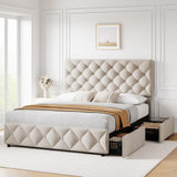 Garvee Full Size Bed Frame with 4 Storage Drawers and Adjustable Headboard, Linen Upholstered Platform Bed Frame with Adjustable Headboard, Diamond Stitched Button Tufted, No Box Spring Needed - Off White - Off White
