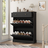 Garvee Shoe Cabinet with 2 Flip Drawers & 1 Top Drawer, Adjustable Shelves, Narrow Organizer for Entryway, 31.5"W x 10"D x 42.1"H, Black - Black