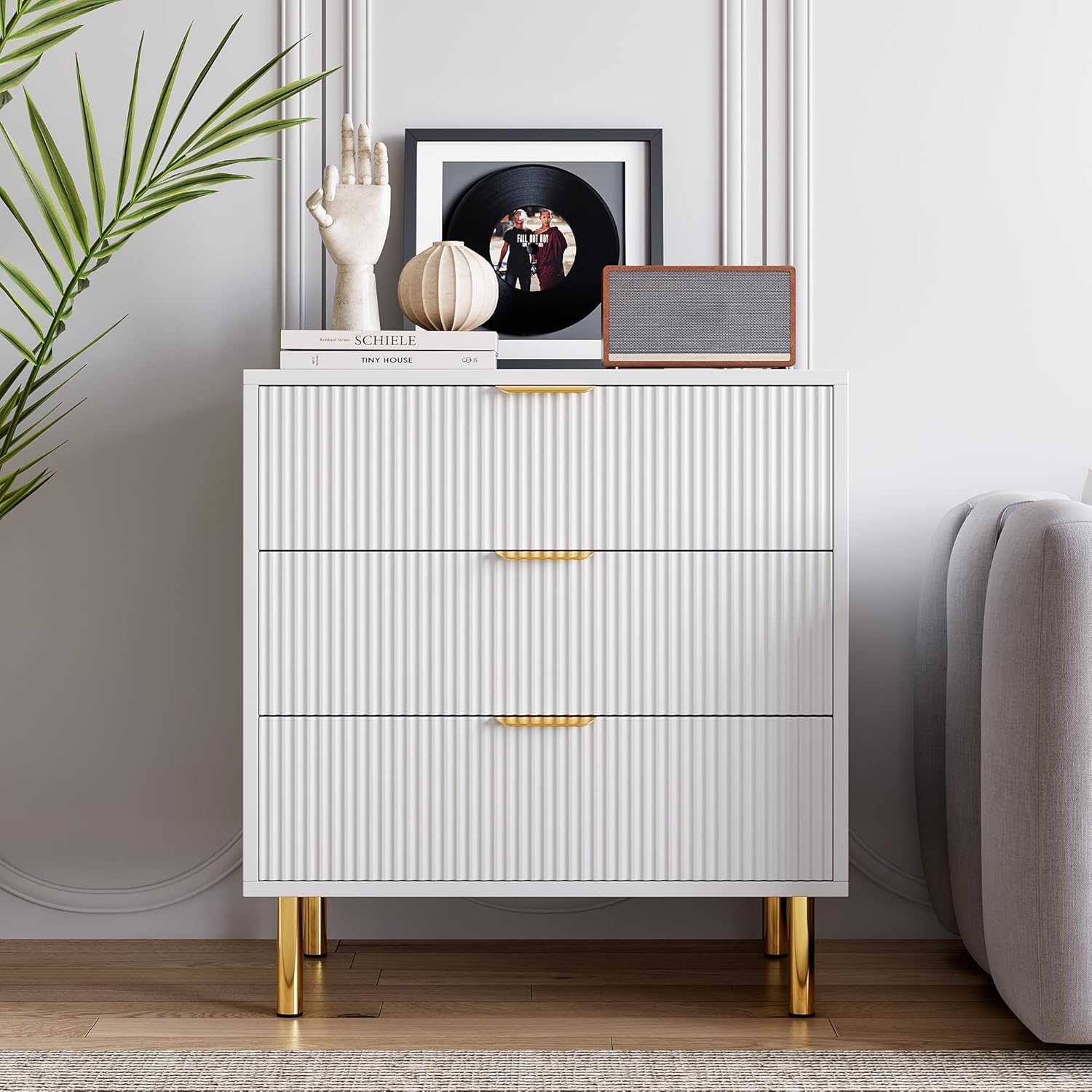 Garvee 3 Drawer Dresser for Bedroom, Modern Wood Storage Chest with Gold Metal Handles, Anti-Tipping Design, Large Nightstand Organizer for Entryway, Hallway, Living Room, White