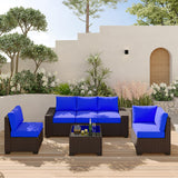 Garvee 6 Piece Patio Furniture Sets, Wicker Sectional Sofa Conversation Couch with Glass Table Cushions and Blue Pillows for Lawn Garden Backyard - Royal Blue