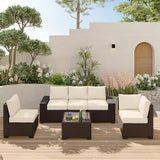 Garvee 6 Piece Patio Furniture Sets, Outdoor Patio Sofa, Rattan Furniture Set with Glass Table, Cushions and Beige Pillows for Lawn Garden Backyard - Beige