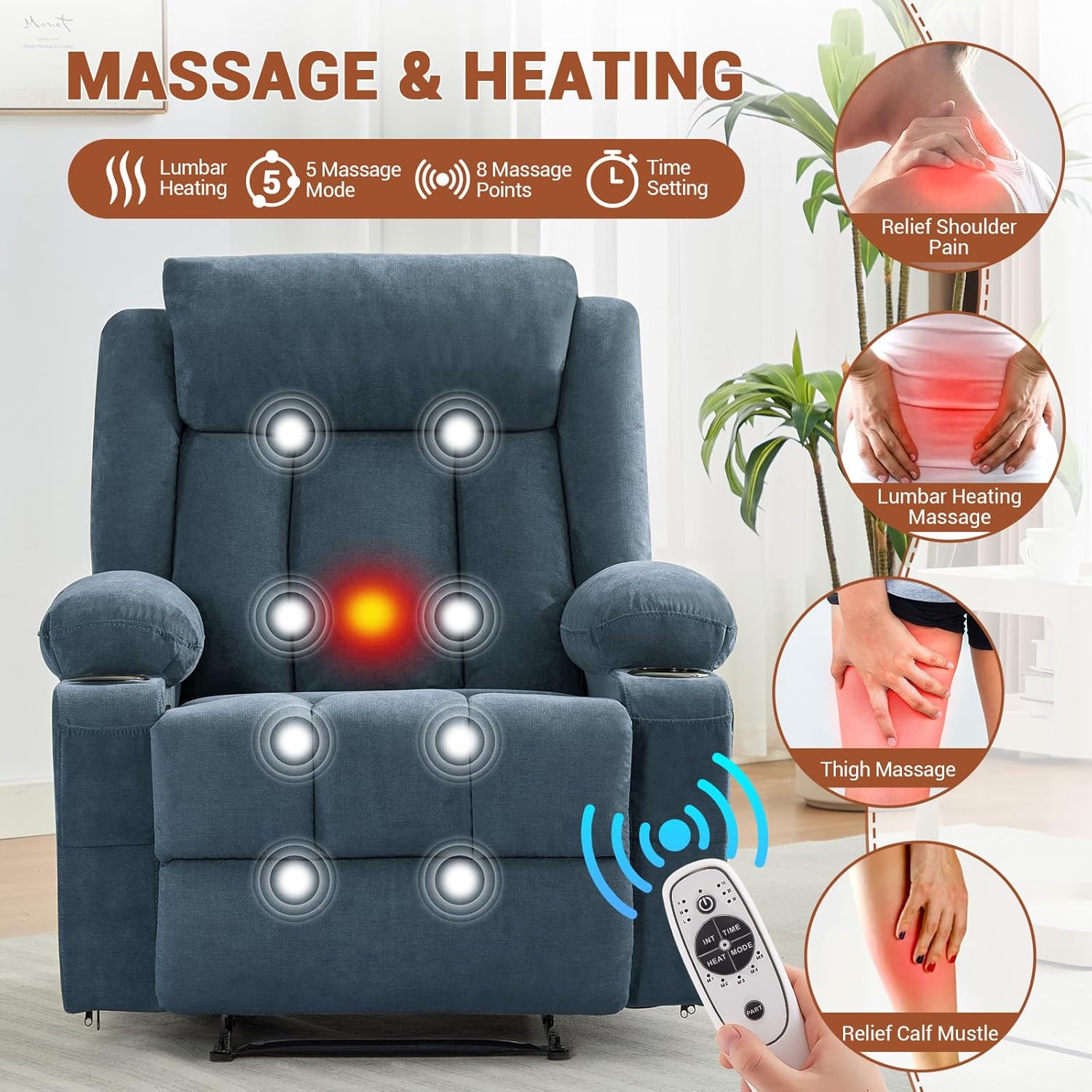 Garvee Recliner Chair 24" Seat Width, Manual Reclining Sofa with Massage and Heat, Comfy Overstuffed Rocking Chair with Side Pockets, Front Pockets and Cup Holder for Living Room, Blue