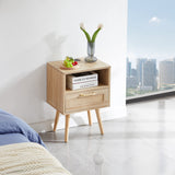 Garvee Mid-Century Modern Rattan Nightstand with Power Outlet & USB Ports, Solid Wood Legs, Bedroom, 15.75", Natural Color