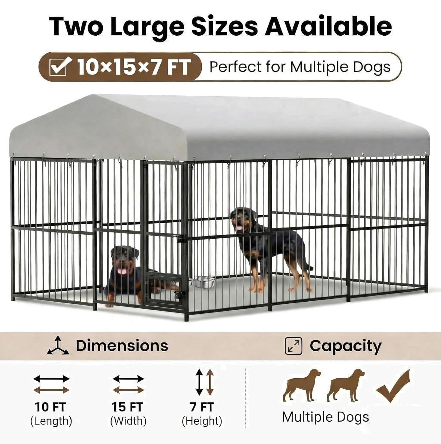 Garvee Outdoor Heavy Duty Large Dog Kennel, Walk-in Dog Cage with Metal Gate & Secure Lock, Large Dog Enclosure with Waterproof Roof, Includes Feeding Doors & Bowls for Backyard, 10x15x6 ft