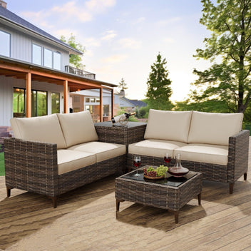 Garvee Outdoor PE Wicker Furniture Set, 6-Piece Patio Sectional Couch Set with Storage Box & Glass Top Table & Beige Cushion for Garden Poolside