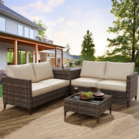 Garvee Outdoor PE Wicker Furniture Set, 6-Piece Patio Sectional Couch Set with Storage Box & Glass Top Table & Beige Cushion for Garden Poolside