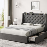 Garvee Full Bed Frame with 4 Storage Drawers + Type-C & USB Port + Upholstered Wingback Headboard + Metal Frame + Easy Assembly - Dark Gray
