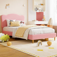 Garvee Twin Size Upholstered Bed Frame with Adjustable Crown Headboard, Velvet Princess Platform Bed, Heavy Duty, Solid Wood Slat Support, No Box Spring Needed, Easy Assembly, Pink