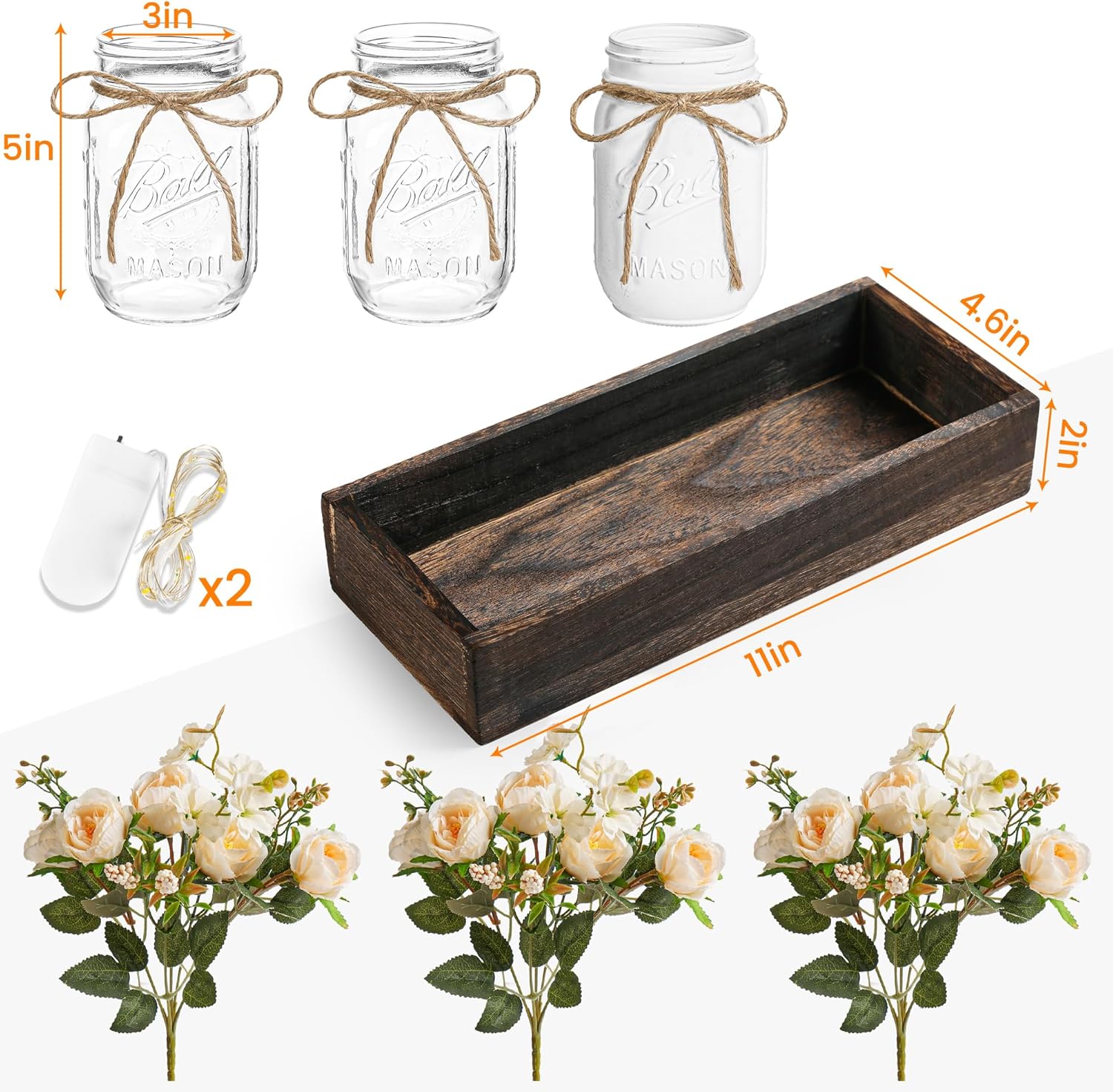 Garvee Farmhouse 3PCS Centerpiece Table Decorations with Roses Artificial Flowers Mason Jars and Wood Tray for Dining Coffee Table, White