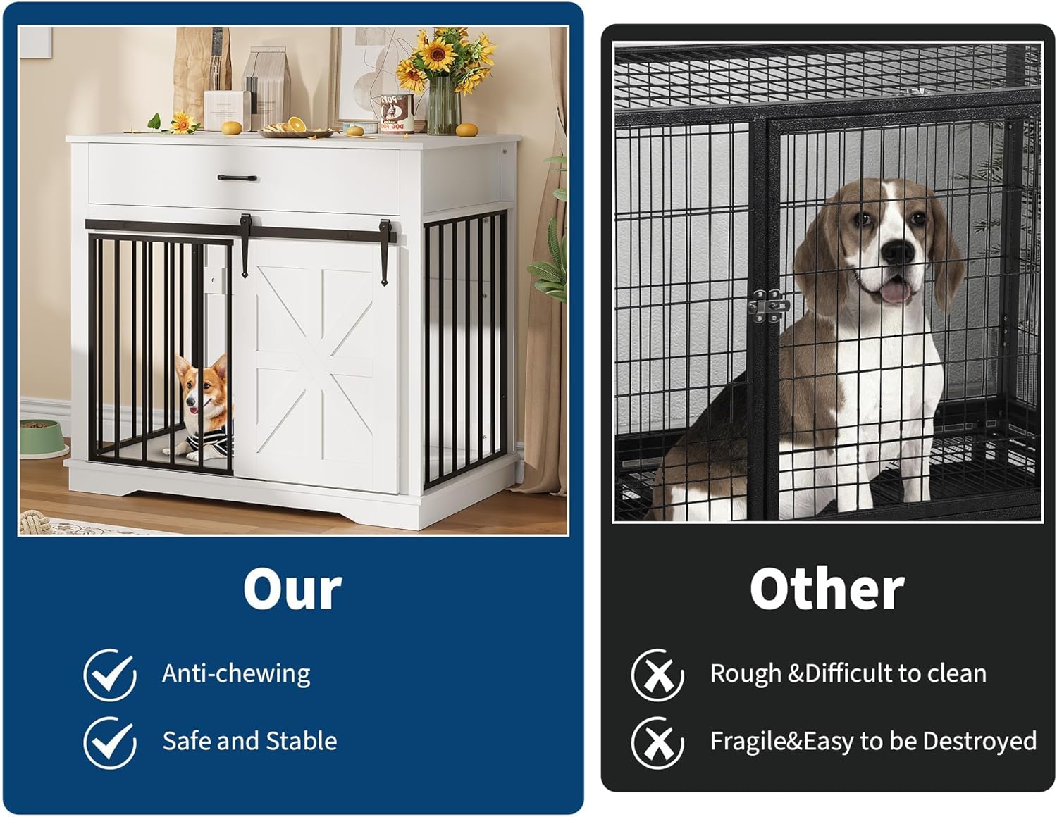 Garvee 37.8"W Dog Crate Furniture for Small/Medium Dogs, 2-in-1 Iron-Wood Fusion Dog Cage Indoor As Side End Table, Farmhouse Dogs Kennel with Sliding Barn Doors & Storage Drawer, White