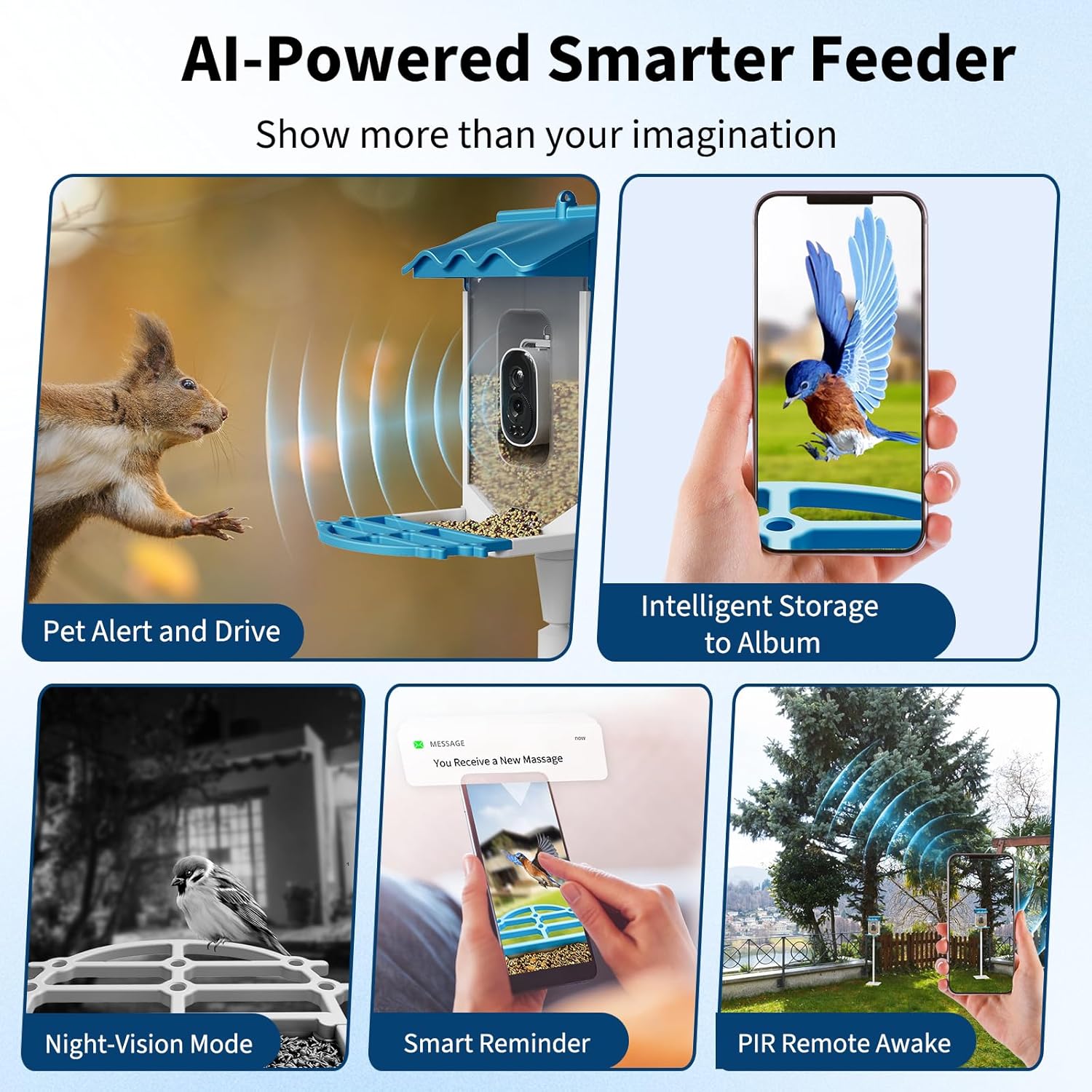 Garvee Smart Bird Feeder with 2.5K Camera & AI Recognition, Solar Powered, 2L Capacity, Night Vision, App Alerts, Auto Capture Photos/Videos for Bird Watching, Squirrel Deterrent, Blue