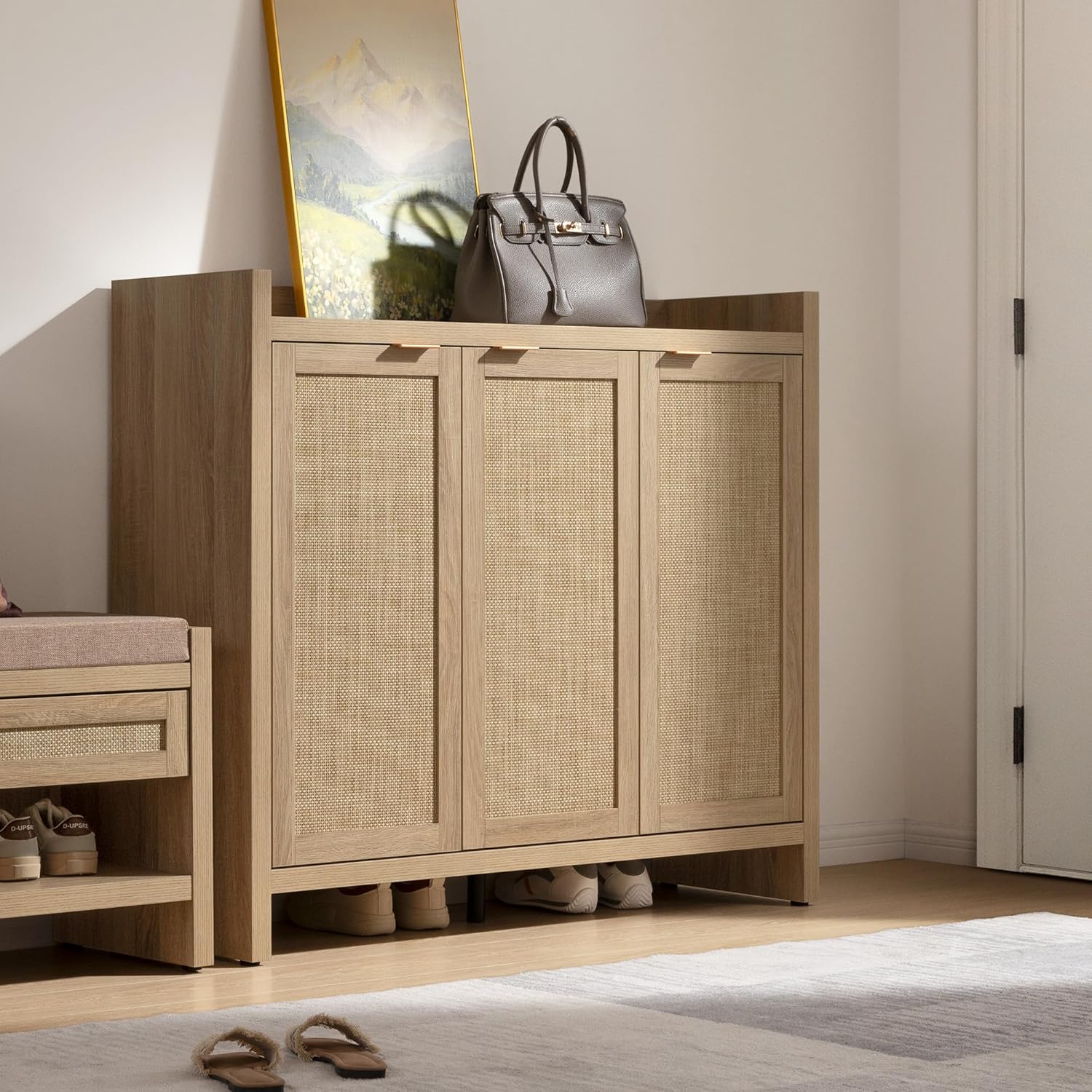 Garvee Boho 47" Rattan Shoe Storage Cabinet with 3 Doors and Adjustable Shelves for Hallway Living Room, Light Oak